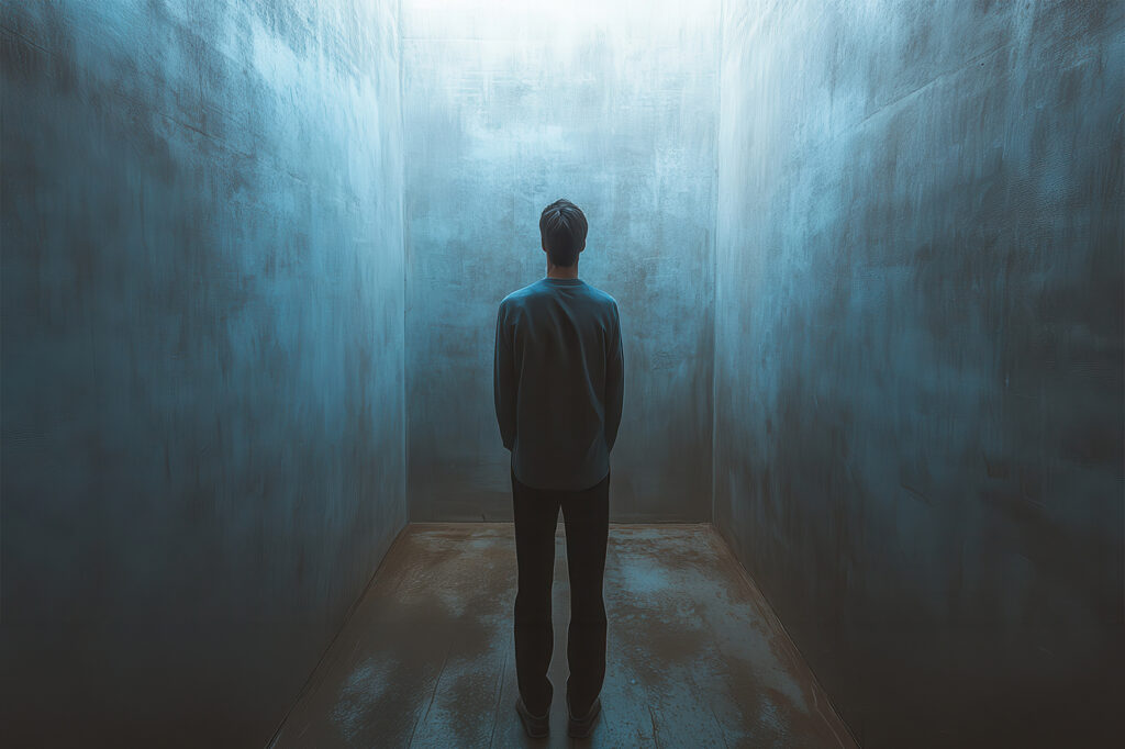 lone male in dimly lit concrete room looking up at light source