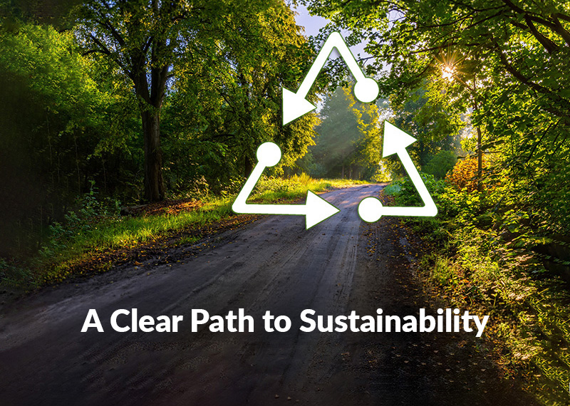 forest road with green leaves & sunshine & 100% white recycle symbol larger1