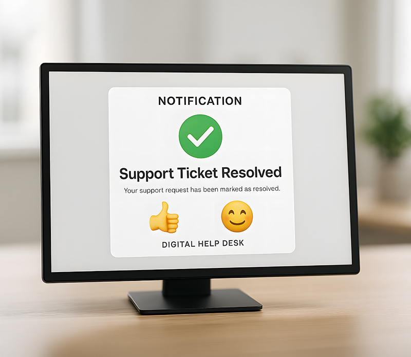 a computer monitor displaying a "support ticket resolved" notifi
